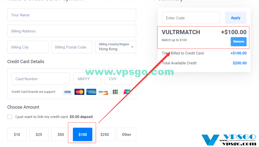 Vultr充$100送$100