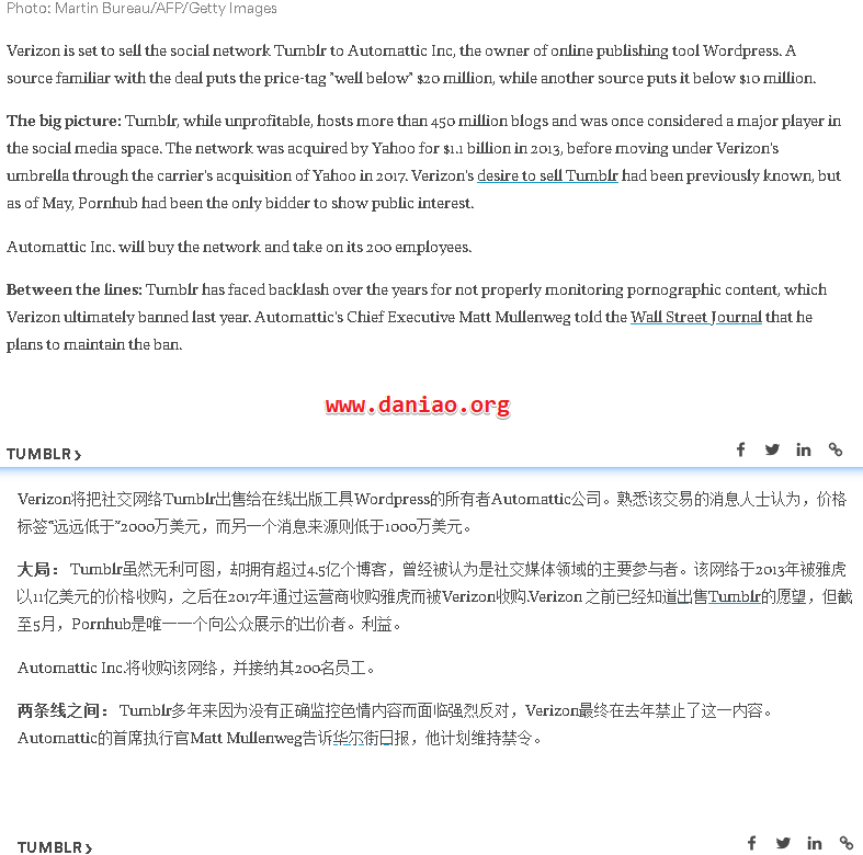 WordPress母公司Automattic Inc.收购Tumblr – 禁令将继续维持