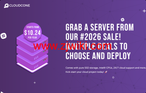 #Hashtag 2026 Sale#CloudCone:洛杉矶vps,2核/1GB/50GB/3TB流量/1Gbps带宽,.24/年